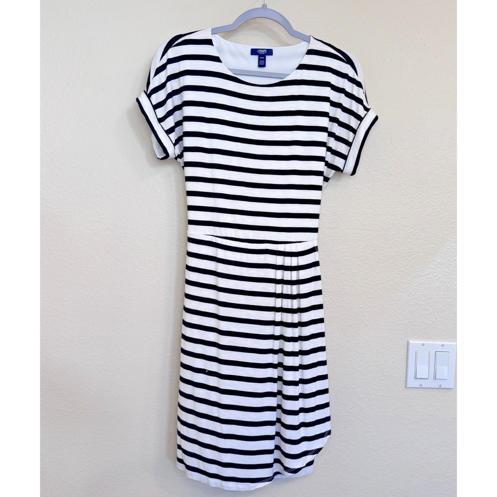 Chaps Striped T Shirt Dress Womens M Black White Tie Waist Faux Wrap Stretch